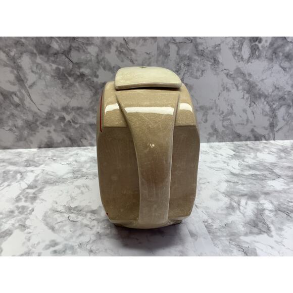 Vintage Ceramic Disc Pitcher - with Lid - Tan with Red Rose Detailing - Picture 3 of 8